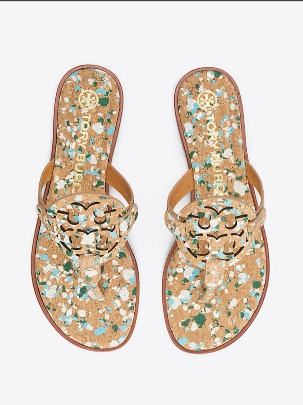 Tory Burch Cork Miller Sandals in Tan with Green and Blue Speckle